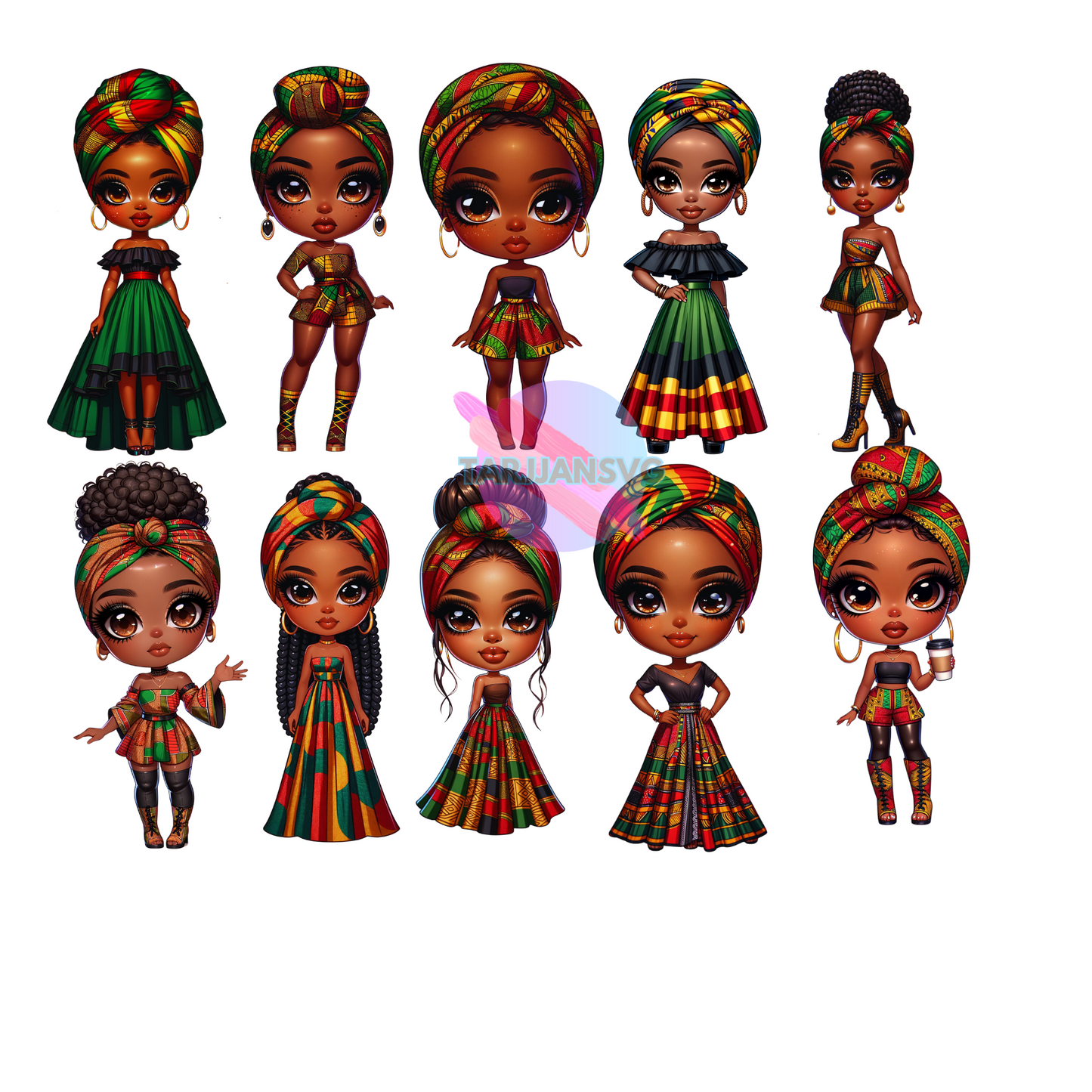 ChatGPT+DallE3 prompts of African AMerican Chibi in BHM Ankara Dolls