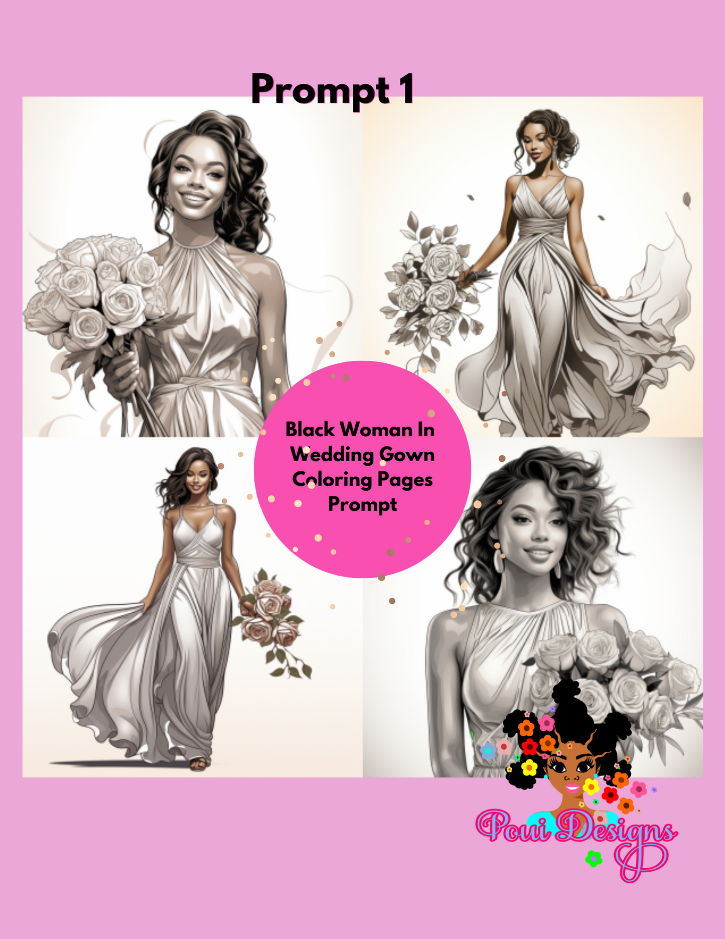 Black Woman with flowers Coloring Page Midjourney Prompt