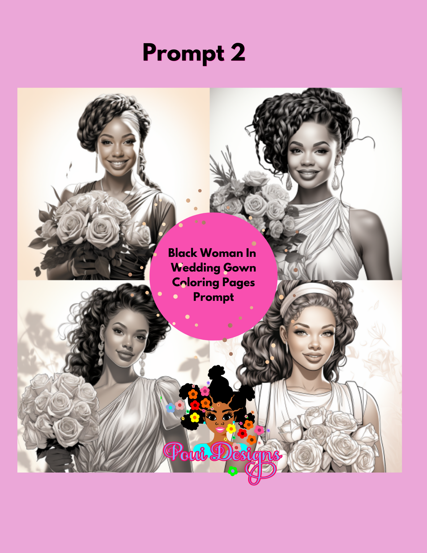 Black Woman with flowers Coloring Page Midjourney Prompt