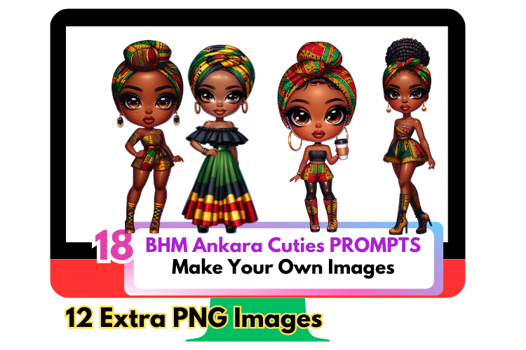 ChatGPT+DallE3 prompts of African AMerican Chibi in BHM Ankara Dolls