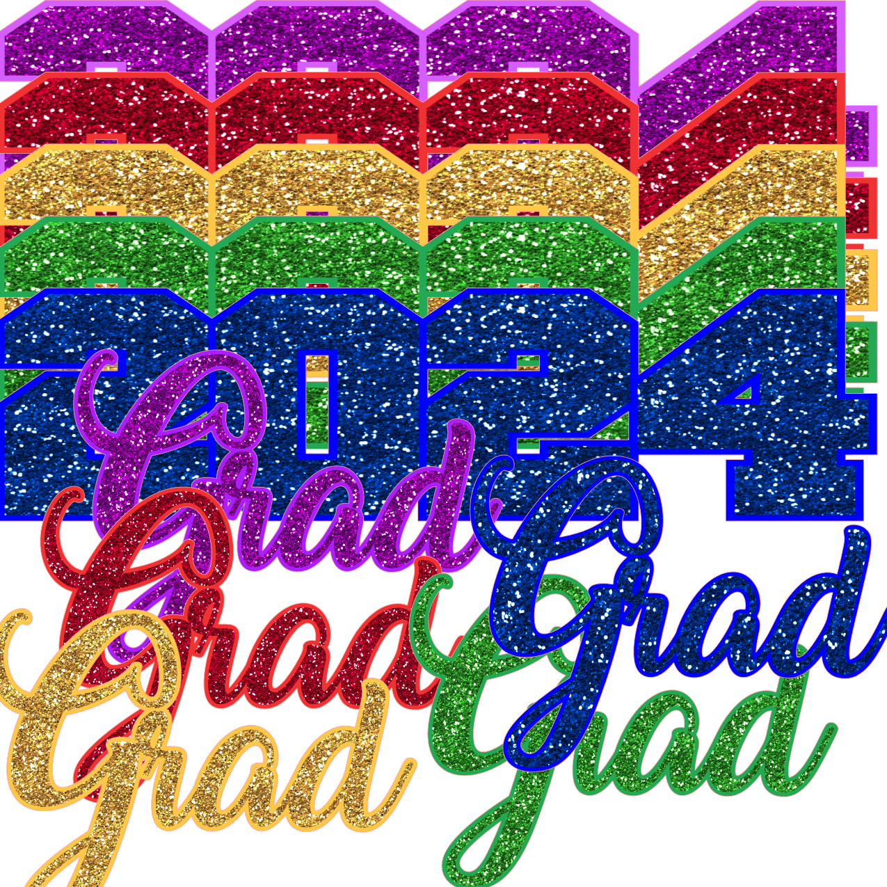 10 pieces of Glitter PNG images,2024, Grad, gold,blue,green,purple,red