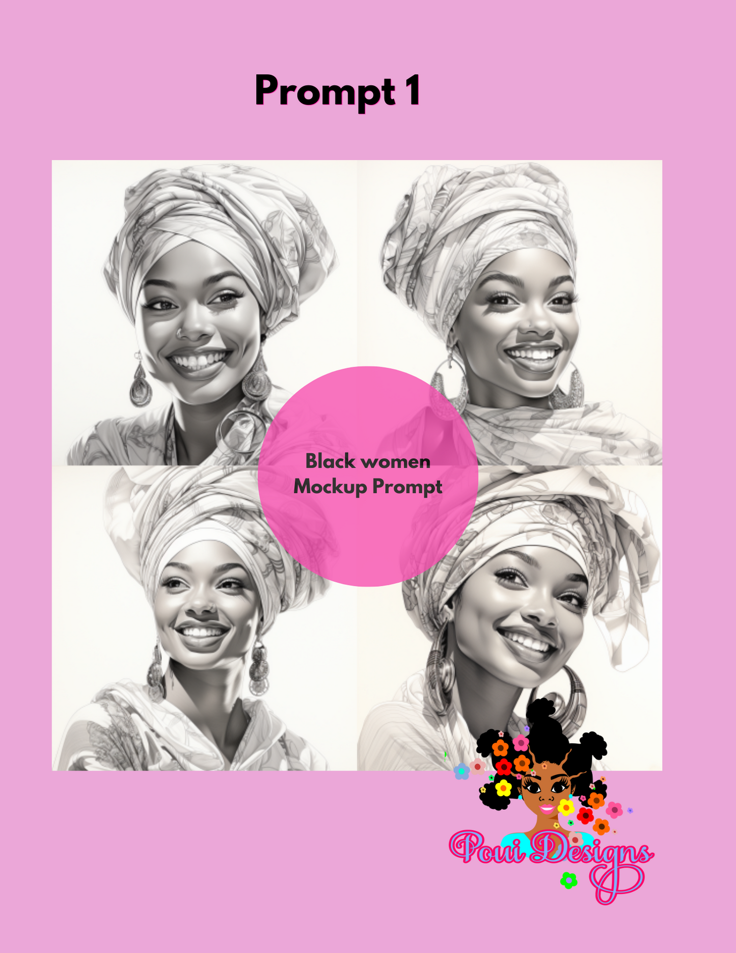 Black Woman with flowers Coloring Page Midjourney Prompt