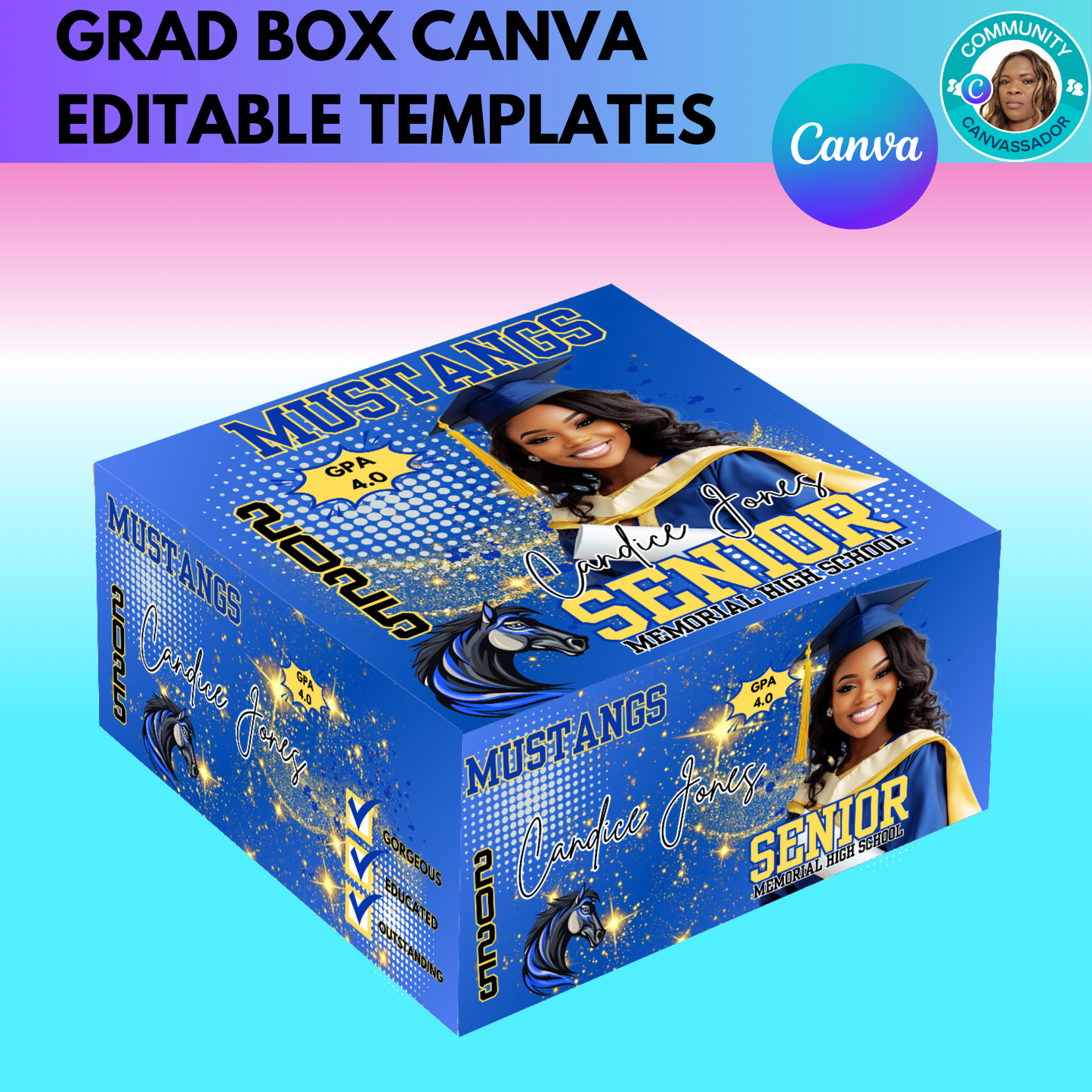 Graduation Box , Grad box template, Editable Canva templates, Customize ,Change colors and text
