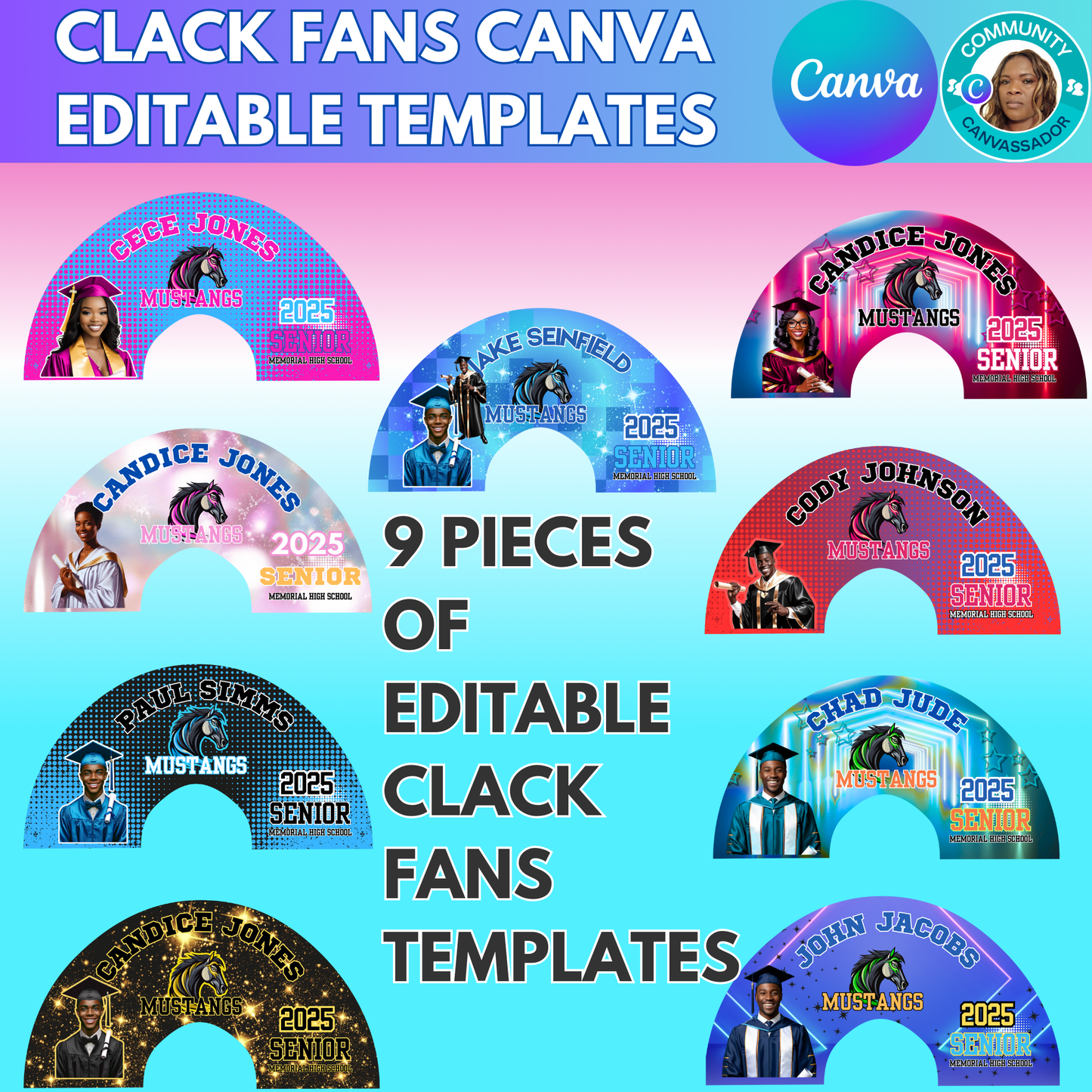 Clack Fan Templates Graduation,Birthday Celebration,Personalized Design Your Own,Canva Frame Drag & Drop Grad Fan Template for Sublimation