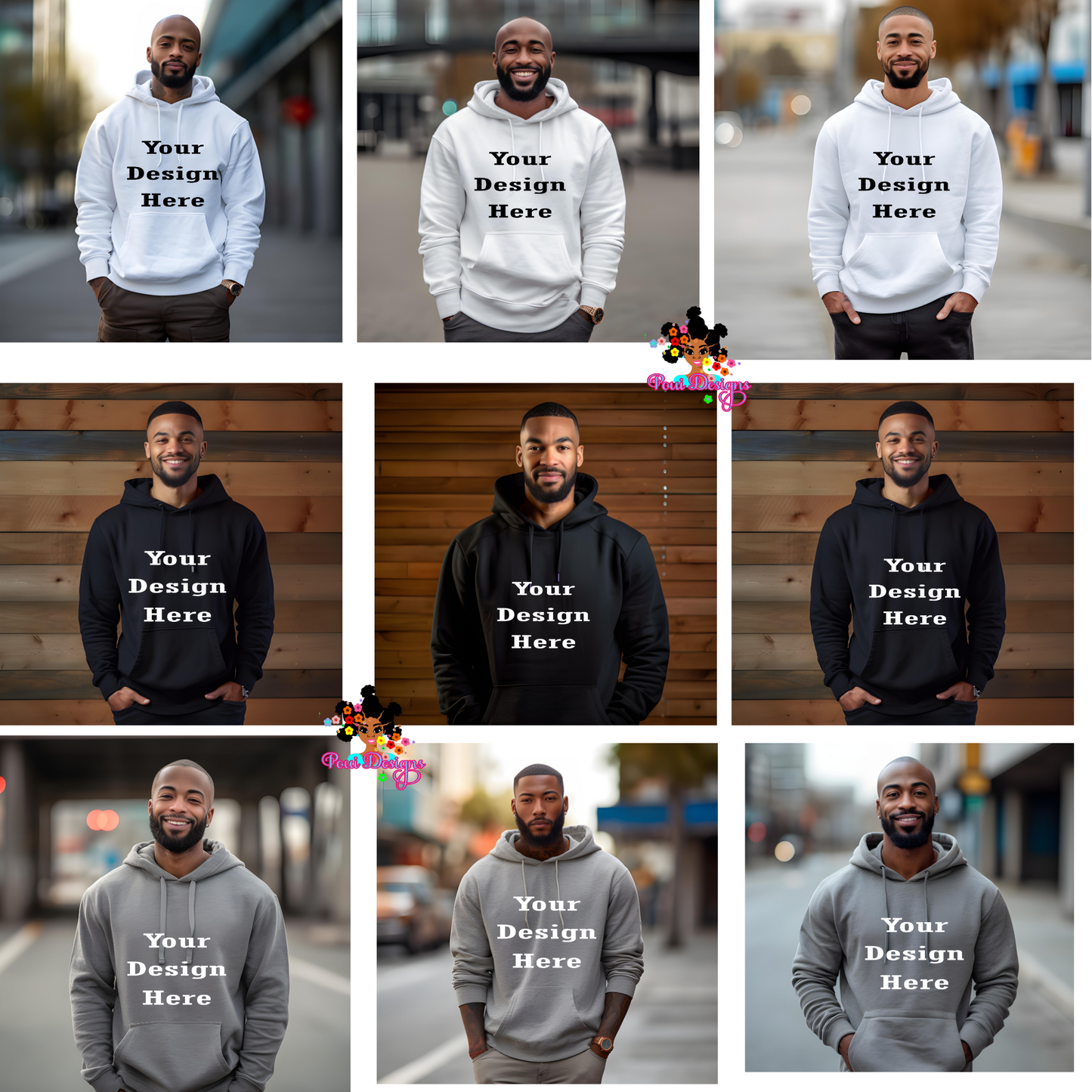 Gildan Hoodie Mockup For Men Black,White and Grey 10 pcs
