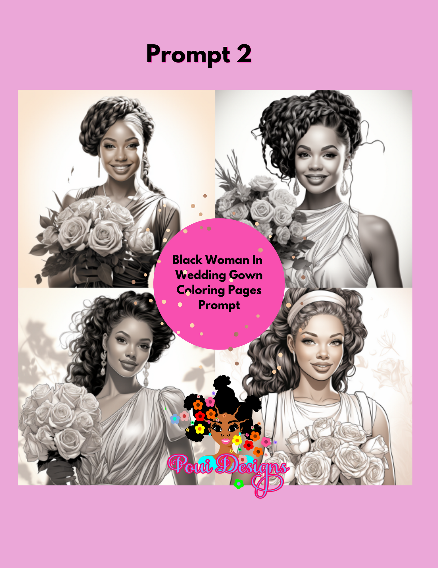 Black Woman  with flowers Coloring Page  Midjourney Prompt