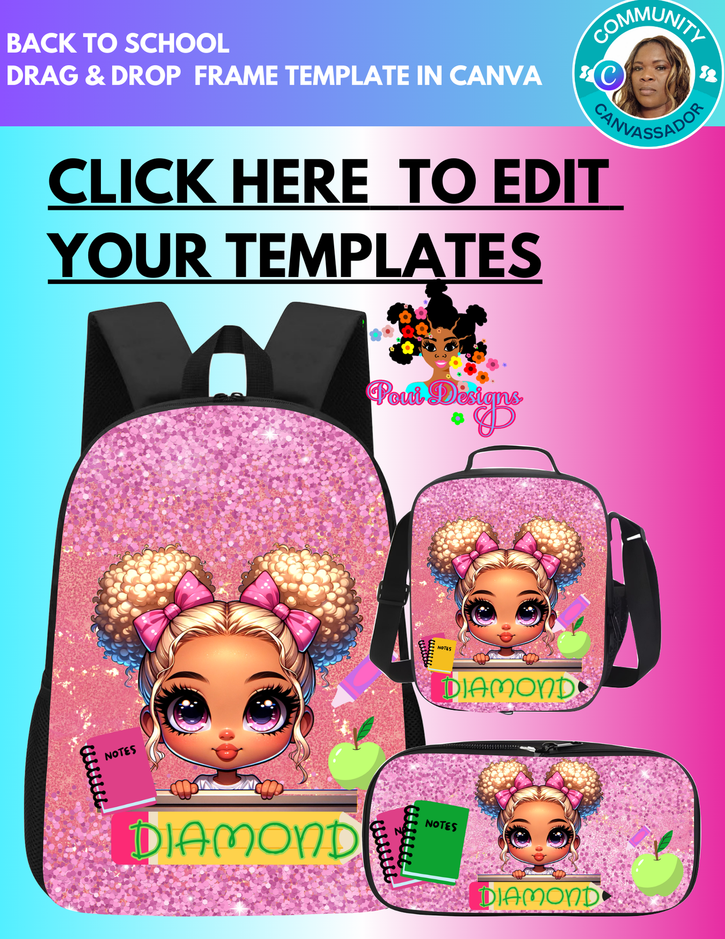 Editable  Canva Templates, Backpack,Lunch Box, Pencil Pouch Back To School
