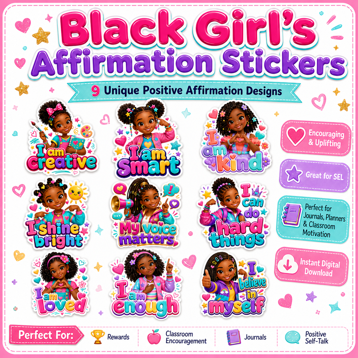 Black Girls Affirmation Stickers PLR product 20 girls,10 boys