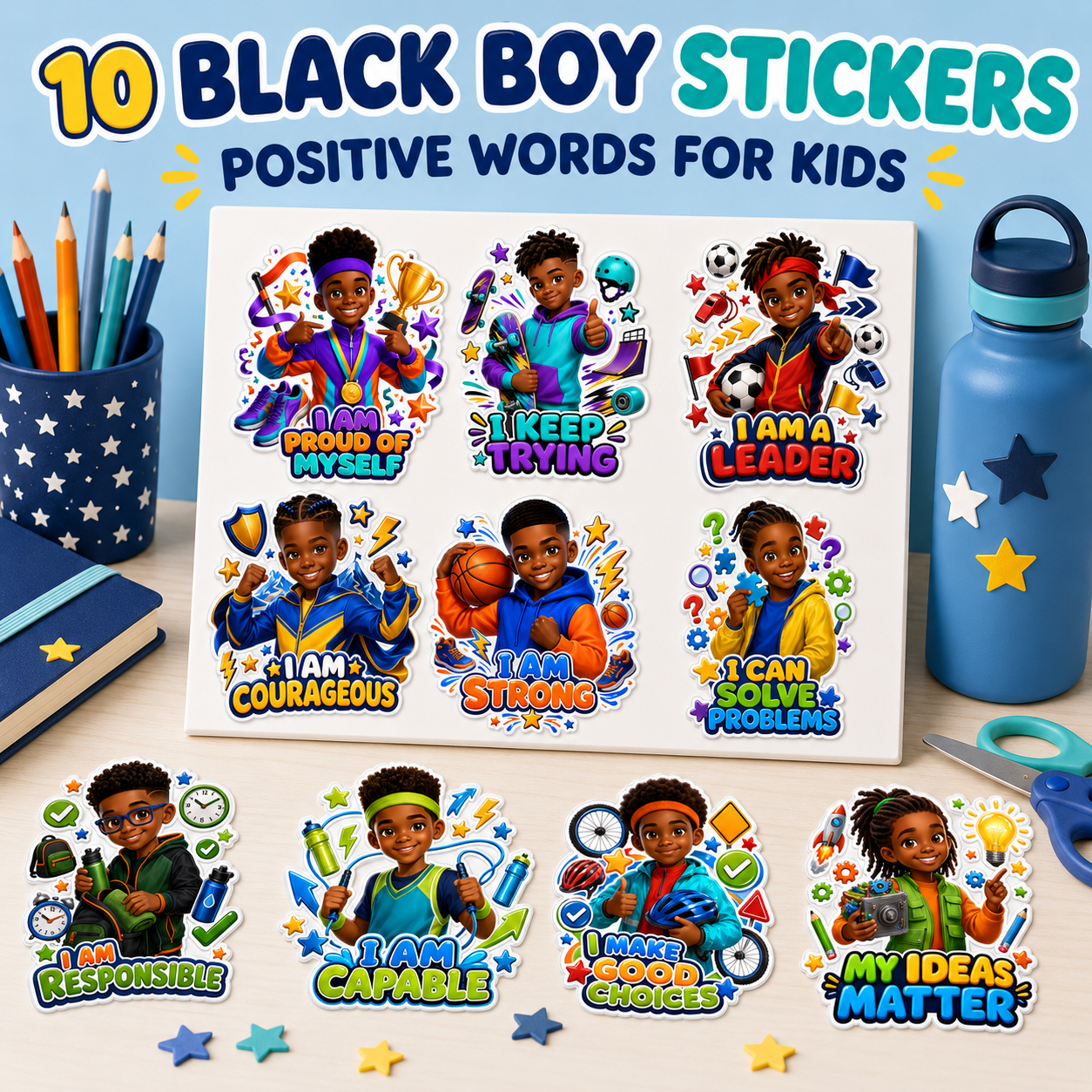 Black Girls Affirmation Stickers PLR product 20 girls,10 boys