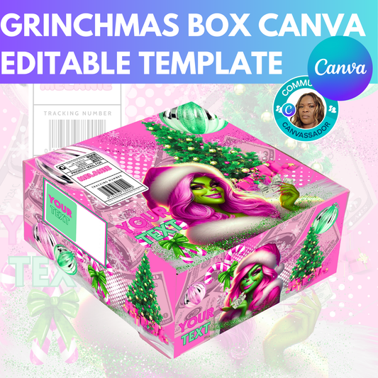 Grinchmas Box Editable Canva Templates  8x8x4 inch