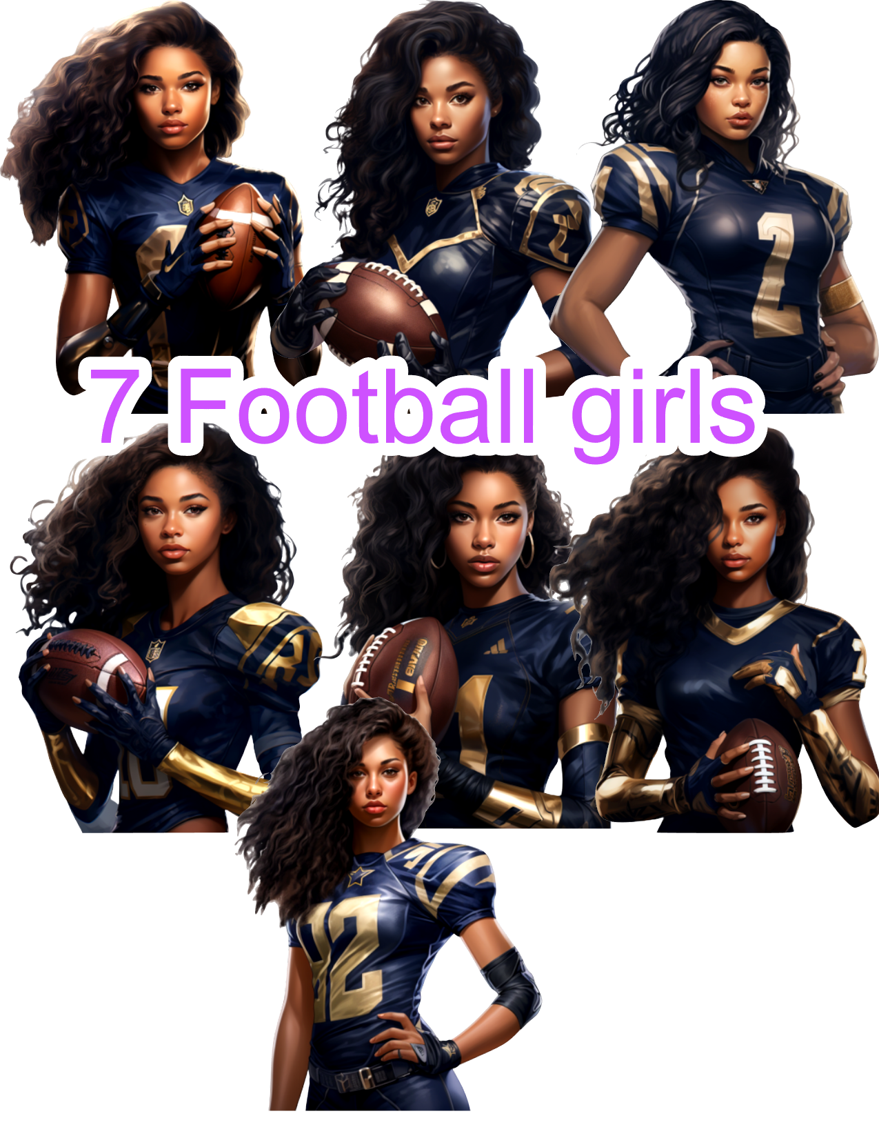 7 Football Ladies in Dark Blue and Gold Shirts PNG files for Printing