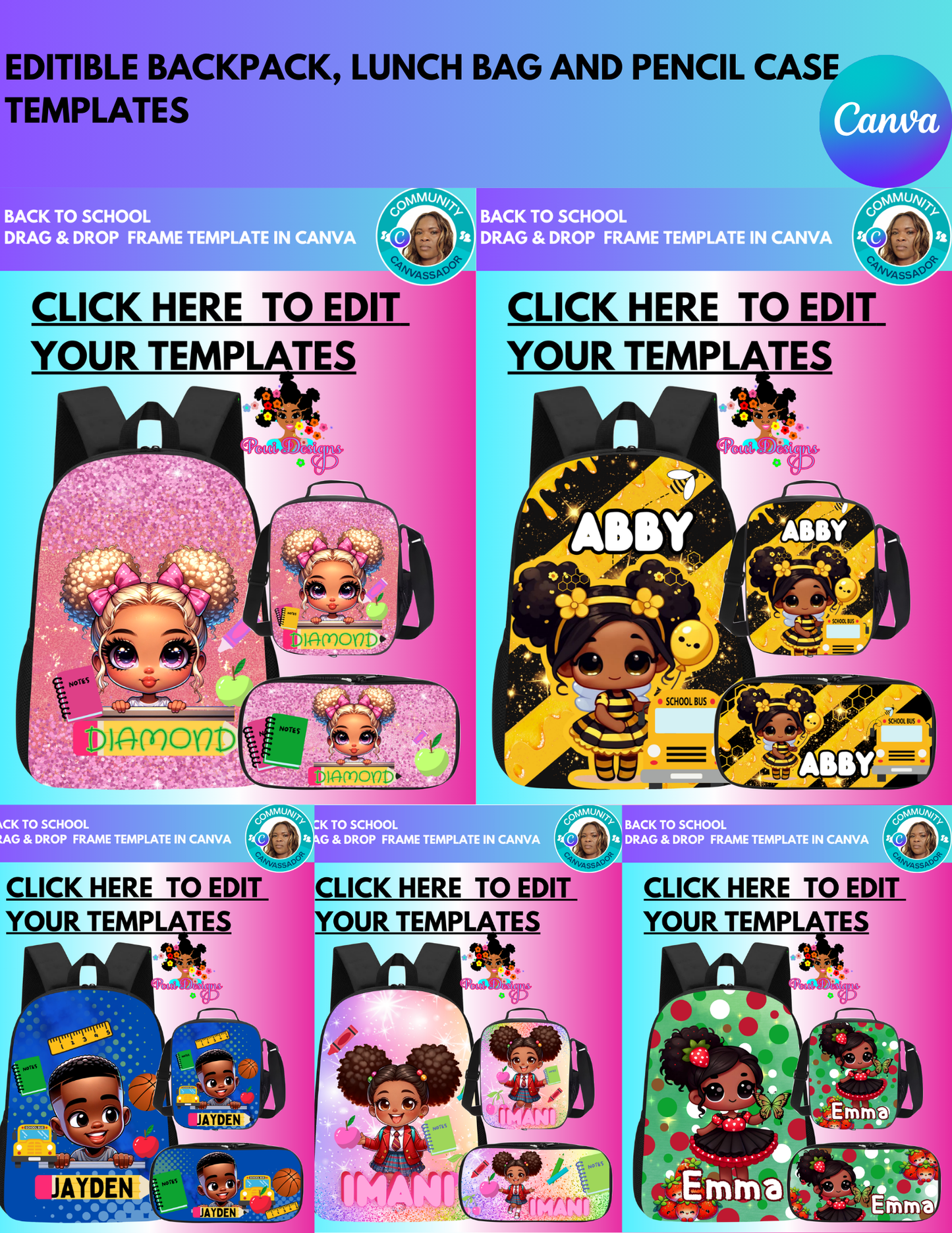 Editable  Canva Templates, Backpack,Lunch Box, Pencil Pouch Back To School