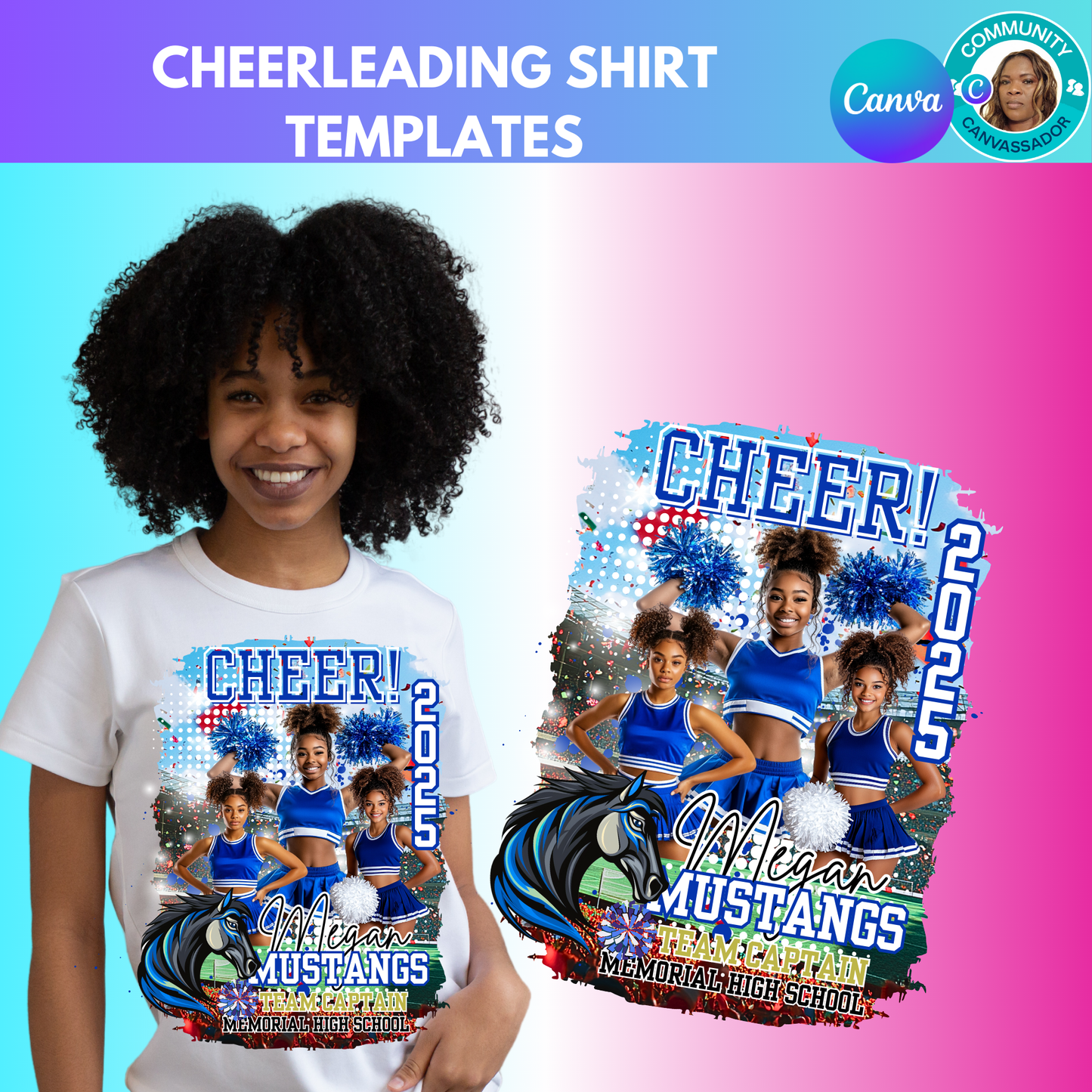 Blue Field Background  Cheer Leader Editable Canva Templates