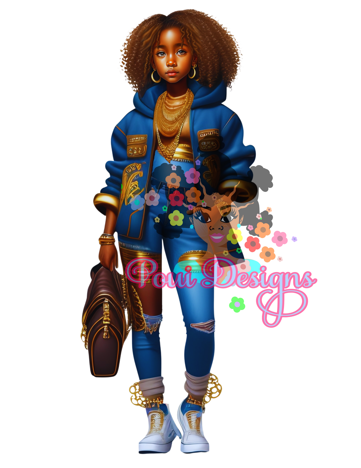Black Girl in Denim Hoodie and Gold Jewelries ,Kelly