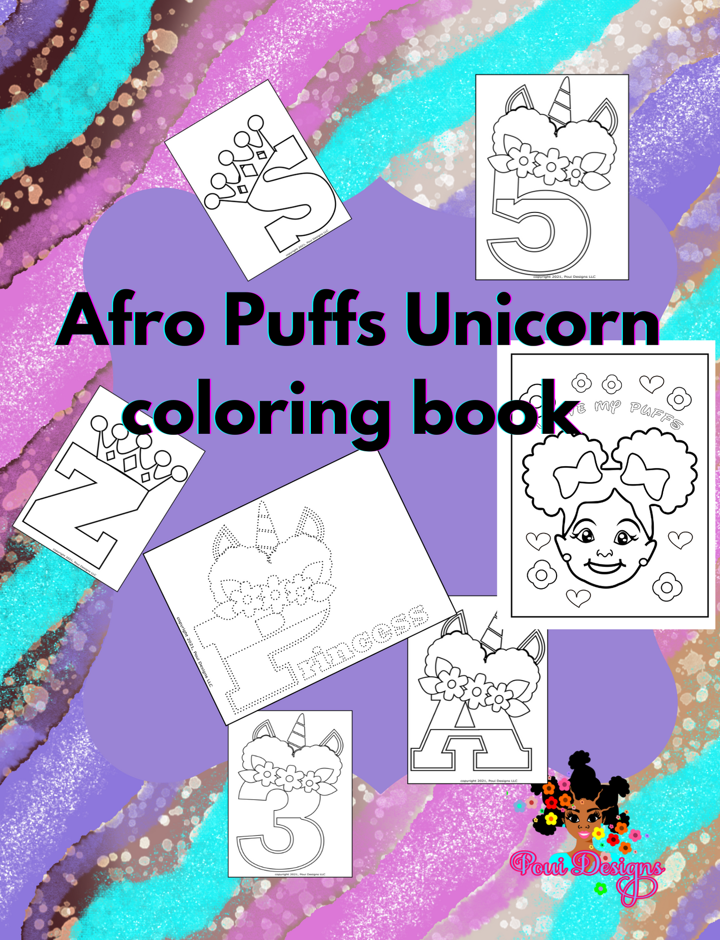 African American Afro Puffs Unicorn Alphabet and Numbers